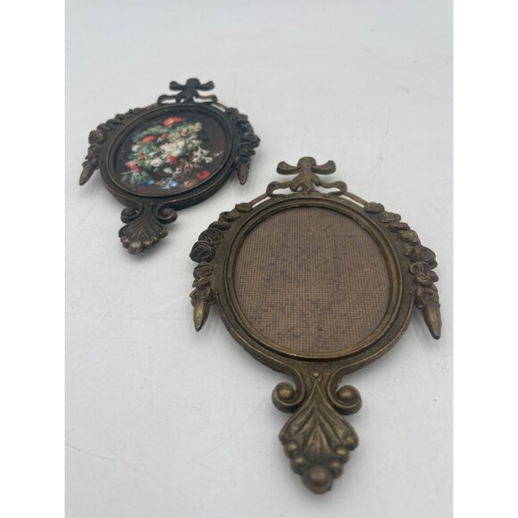 Italian Ornate Bronze Miniature Oval Frame Set With Floral Print - Picture 1 of 6